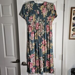 Vintage 90s Positive Attitude Women's Dress Size 8P Midi Cottage Green Floral